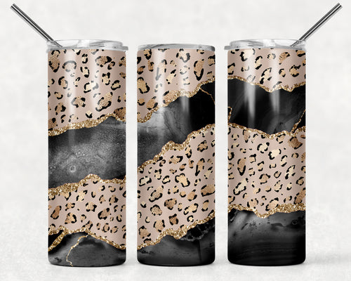Gold Cheetah Print with Black Skinny Tumbler - Double Wall Stainless Steel - Personalized w/ Name - NOT Epoxy Animal Print Leopard