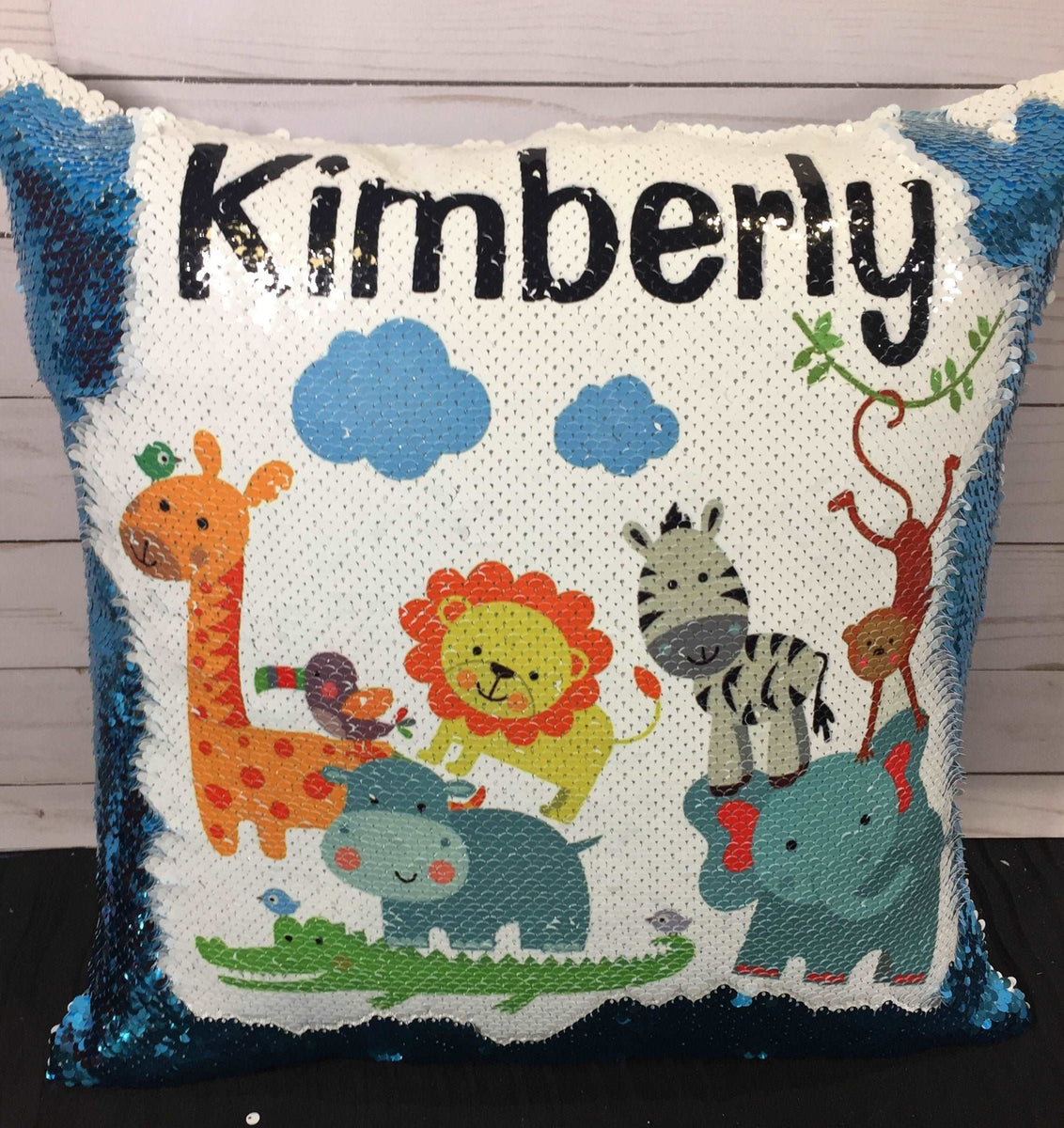 Baby Safari Animals Personalized Sequin Pillow INCLUDES CUSHION