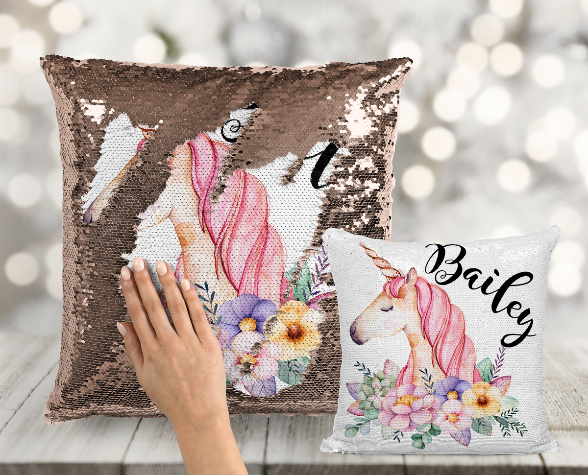 Floral Unicorn Custom Sequin Pillow INCLUDES INSERT CUSHION