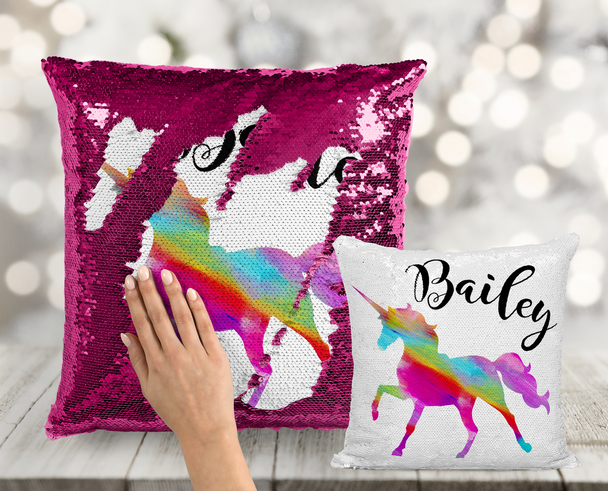 Rainbow Pattern Unicorn Custom Sequin Pillow INCLUDES CUSHION