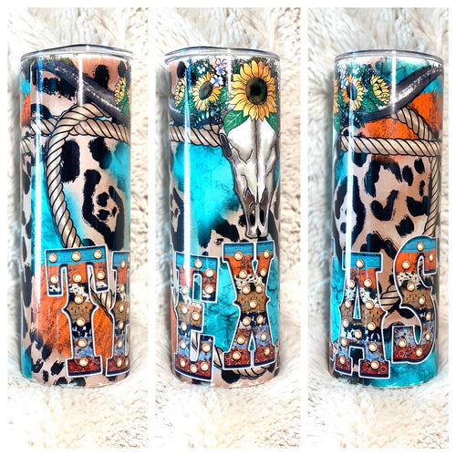 Texas Bullhorn & Sunflowers Skinny Tumbler - Double Wall Stainless Steel Cup - Texan Souvenir Cup Texas Pride