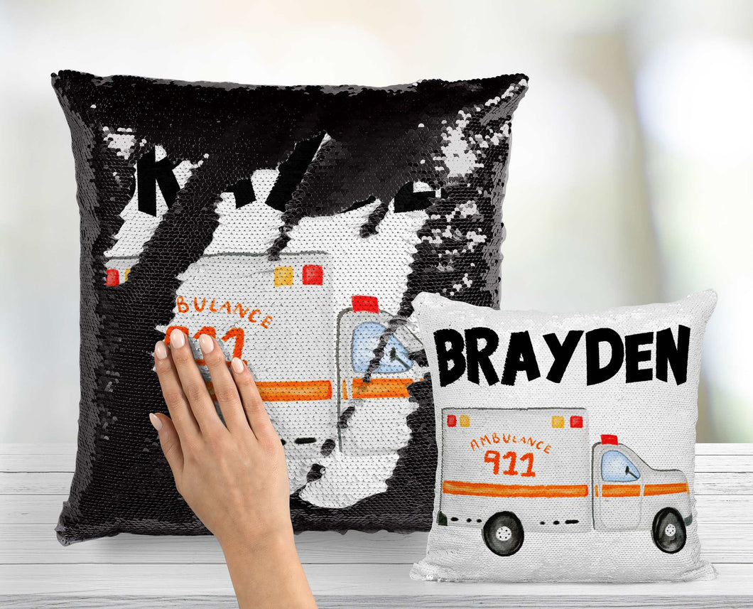 Ambulance Sequin Pillow - INCLUDES INSERT CUSHION - Emergency Vehicle Mermaid Pillow