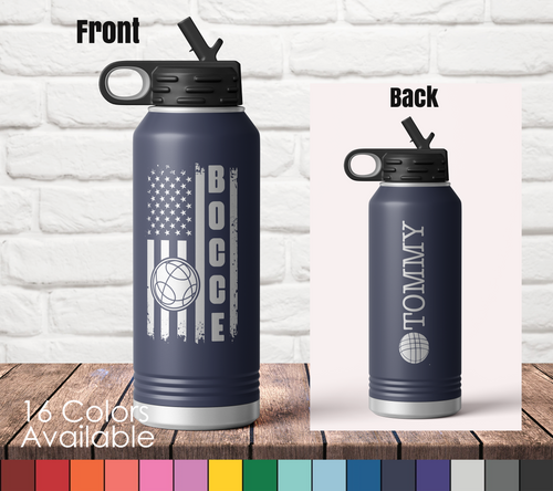 32oz American Flag Bocce - Custom Laser Engraved Polar Camel Double Wall Water Bottle - Bocce Ball Player Retirement Gift