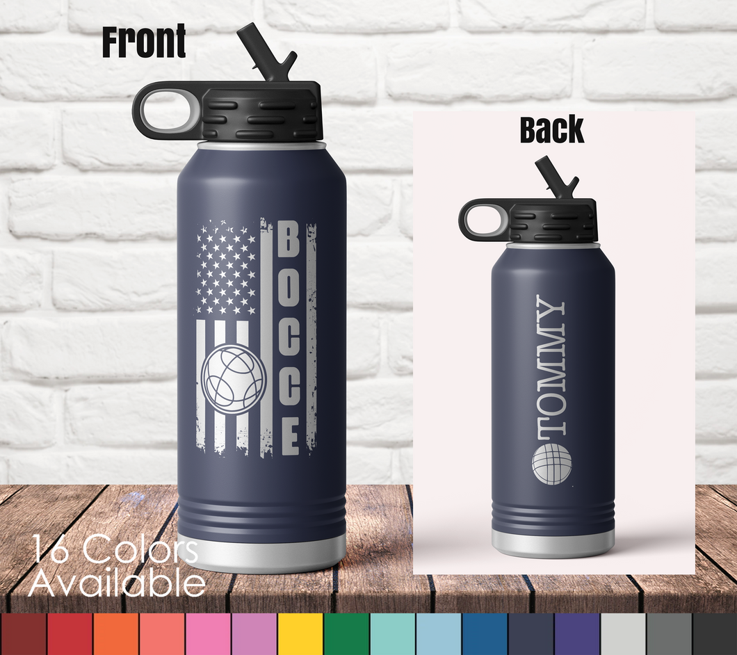 32oz American Flag Bocce - Custom Laser Engraved Polar Camel Double Wall Water Bottle - Bocce Ball Player Retirement Gift