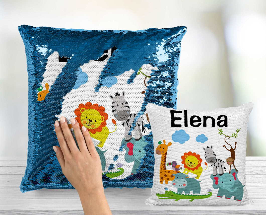 Baby Safari Animals Personalized Sequin Pillow INCLUDES CUSHION INSERT - Custom Two Tone Flip Sequence Mermaid Pillow