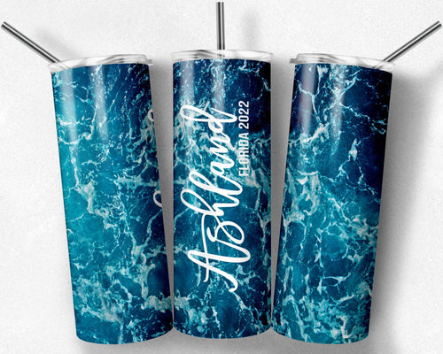 Blue Beach Waves Skinny Tumbler - Double Wall Stainless Steel Custom and Personalized Not Epoxy, Glitter