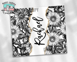 Black and White Sunflowers with Gold Trim 20oz or 30oz Skinny Tumbler - NOT Epoxy