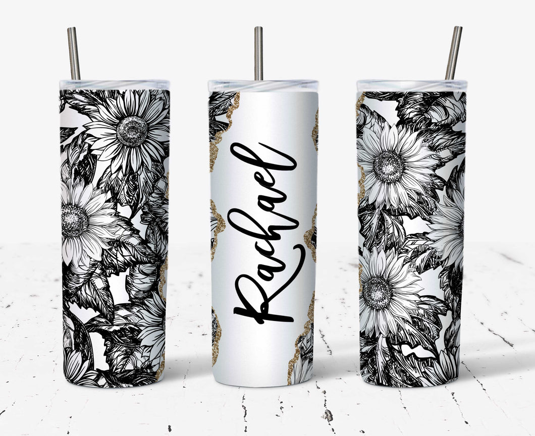 Black and White Sunflowers with Gold Trim 20oz or 30oz Skinny Tumbler - NOT Epoxy