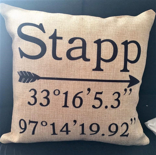 Home GPS Coordinates Burlap or Canvas Pillow