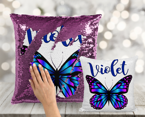 Teal and Purple Butterfly Sequin Pillow - INCLUDES CUSHION INSERT - Personalized Magenta Blue Butterfly Custom Mermaid Pillow