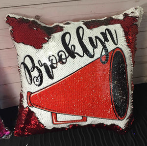 Cheerleading Megaphone Sequin Pillow - INCLUDES CUSHION INSERT - Personalized Cheer Squad Mermaid Pillow