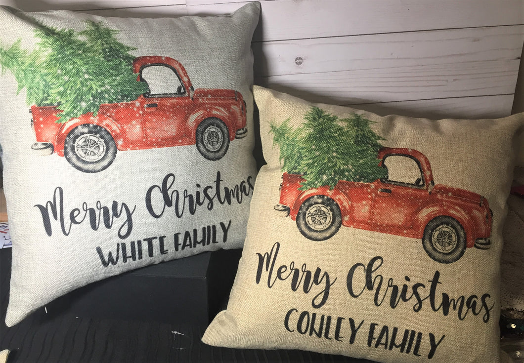 Merry Christmas Vintage Truck Burlap or Canvas Pillow