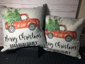 Merry Christmas Vintage Truck Burlap or Canvas Pillow