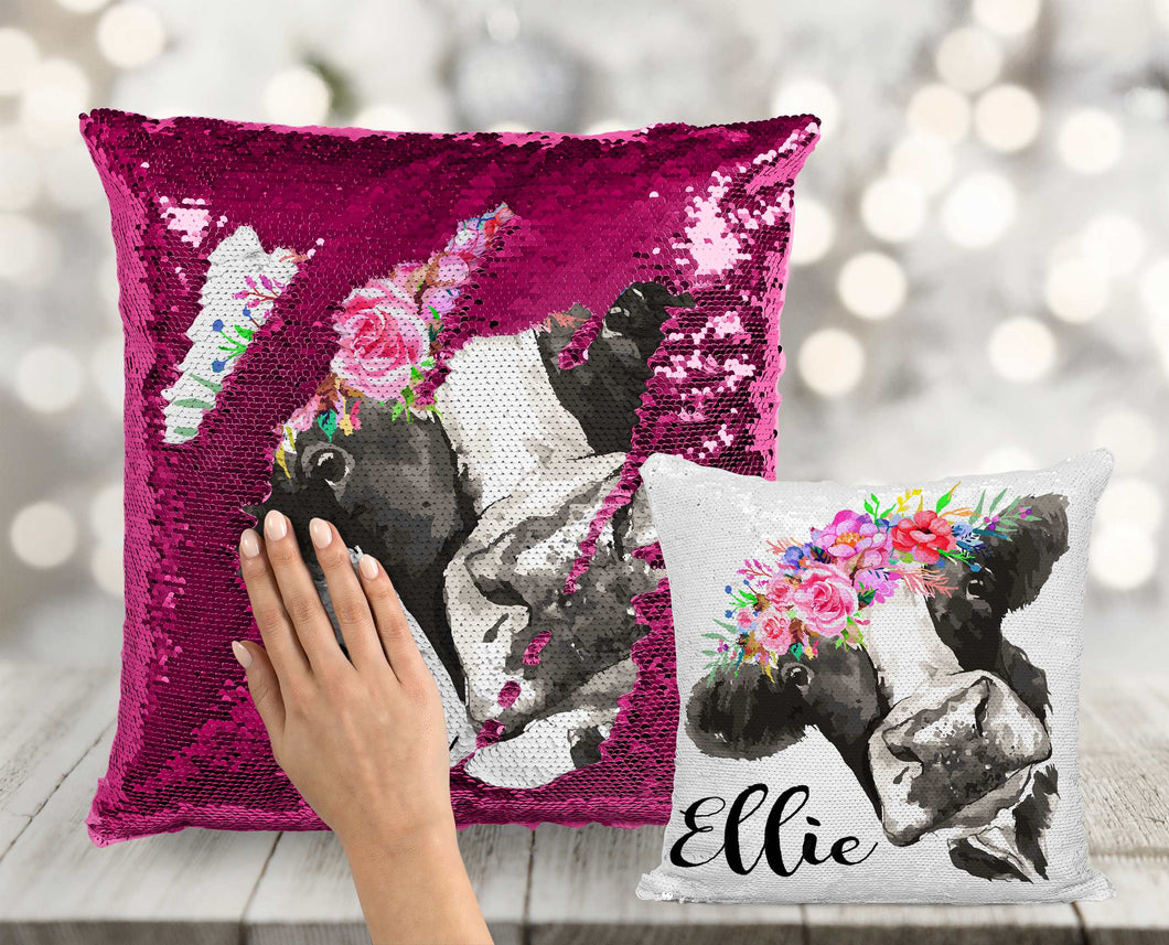 Floral Cow Sequin Pillow INCLUDES INSERT CUSHION Personalized