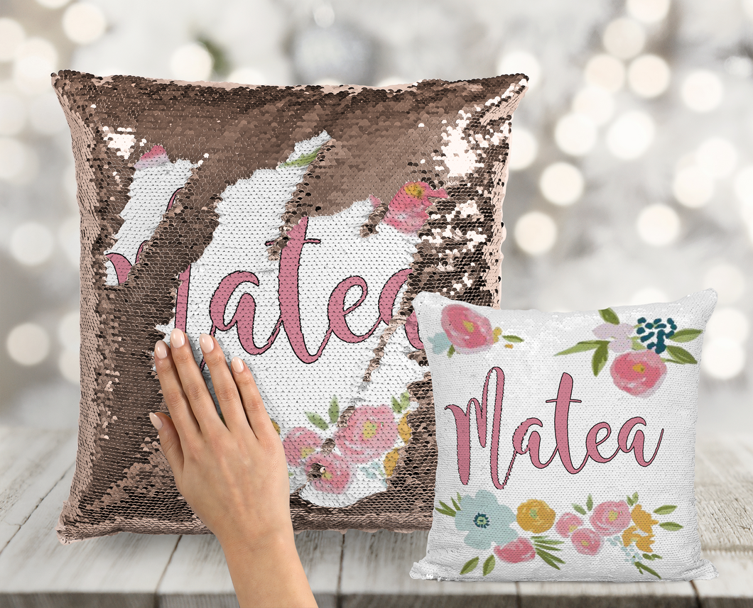 Floral Name Custom Mermaid Pillow Two Tone Sequin Flip