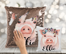 Watercolor Pig with Floral Crown Custom Sequin Pillow - INCLUDES CUSHION INSERT - Personalized Piglet Mermaid Pillow