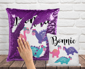 Baby Dinosaur Sequin Pillow - INCLUDES INSERT CUSHION - Personalized Girly Dino Mermaid Pillow
