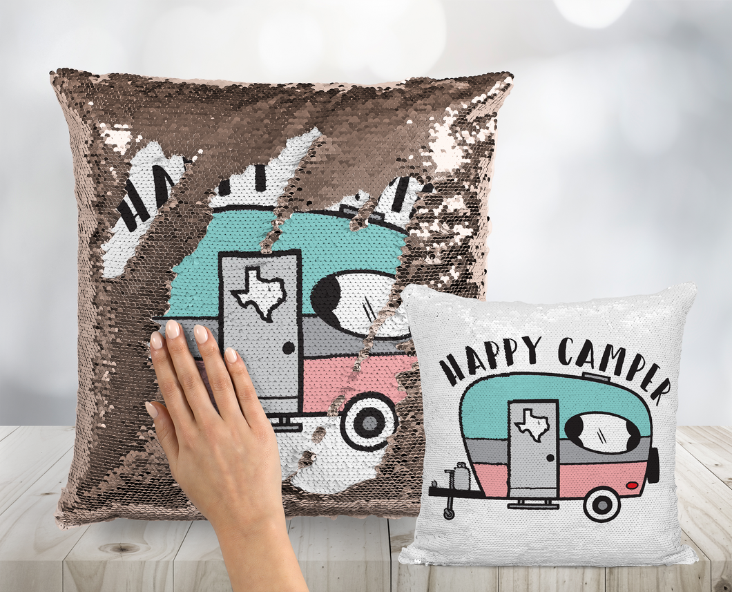 Happy Camper Custom Sequin Pillow - INCLUDES INSERT - Personalized Camper RV Glam Sequin Flip Mermaid Throw Cushion