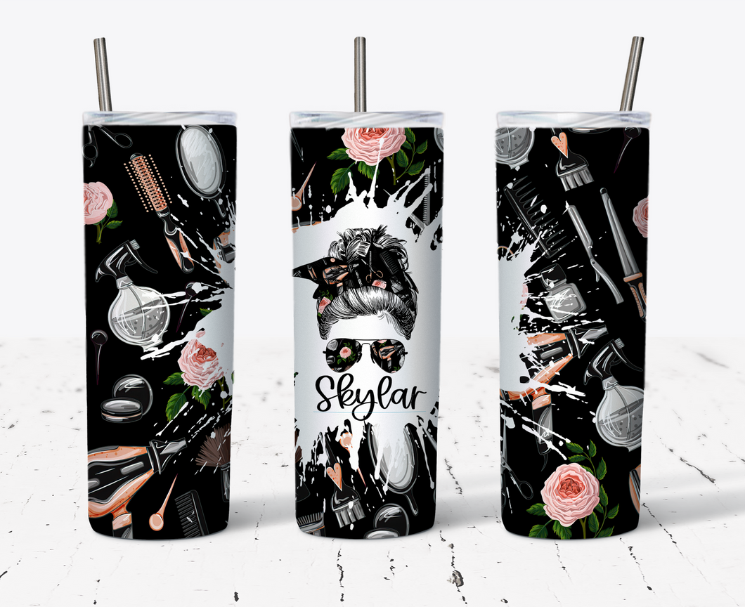 Hairdresser Messy Bun 20oz or 30oz Skinny Tumbler - Female Hair Dresser Double Wall Stainless Steel  - NOT Epoxy