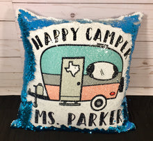 Happy Camper Custom Sequin Pillow - INCLUDES INSERT - Personalized Camper RV Glam Sequin Flip Mermaid Throw Cushion