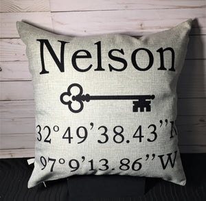 Home GPS Coordinates Burlap or Canvas Pillow