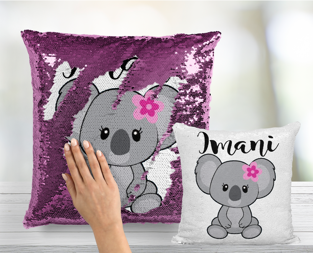 Koala with Flower Personalized Sequin Pillow - INCLUDES INSERT