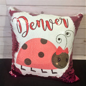 Pink Ladybug Custom Sequin Pillow INCLUDES INSERT CUSHION - Personalized Mermaid Pillow