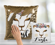 Lioness Floral Sequin Pillow - INCLUDES CUSHION INSERT- Personalized Mermaid Pillow - Lion Cute Soft Colors w/ Rose Gold
