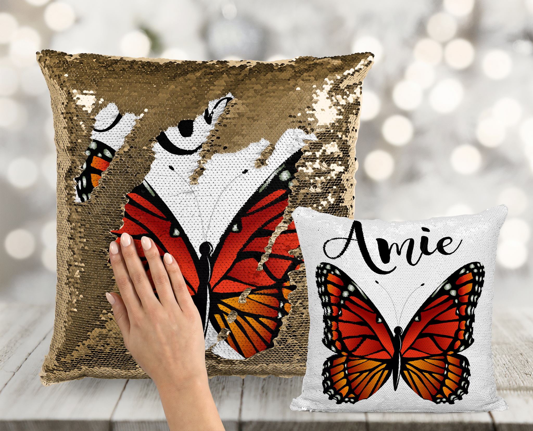 Monarch Butterfly Custom Sequin Pillow INCLUDES CUSHION INSERT Personalized Mermaid Pillow