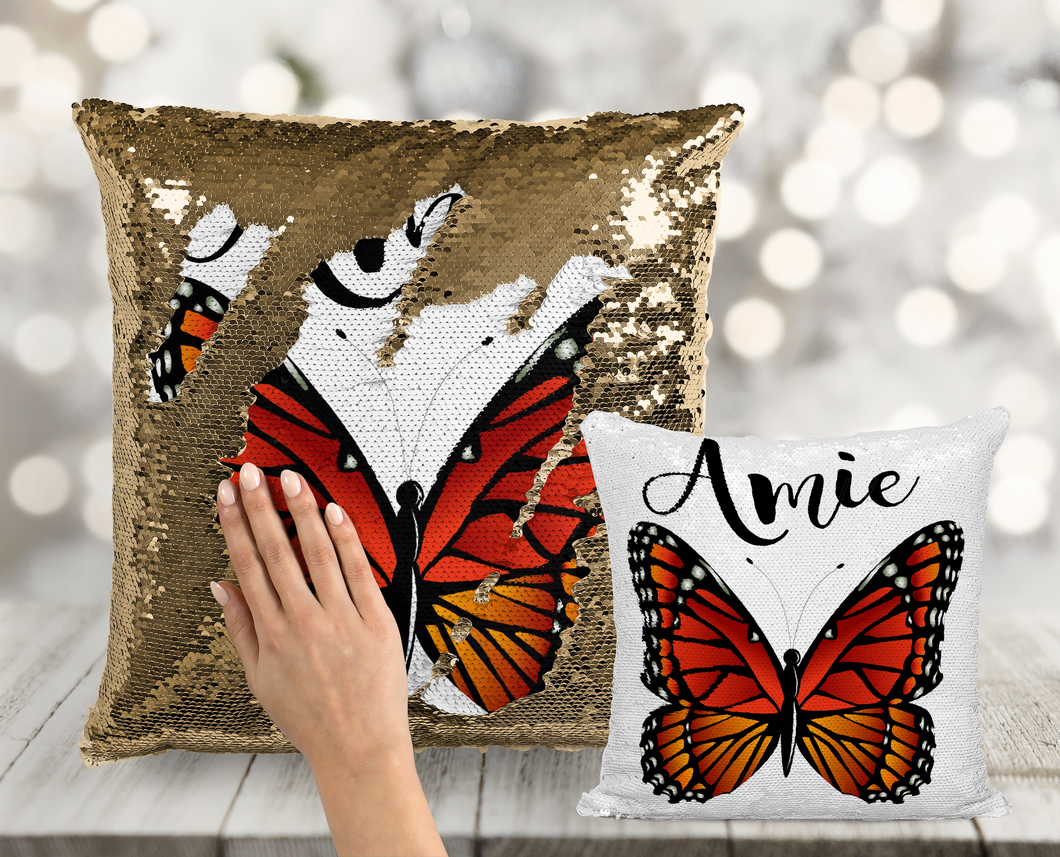 Monarch Butterfly Custom Sequin Pillow - INCLUDES CUSHION INSERT - Personalized Mermaid Pillow