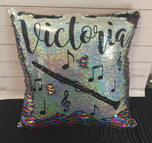 Clarinet with Music Notes Custom Sequin Pillow INCLUDES INSERT CUSHION - Personalized Color Changing Band Mermaid Pillow