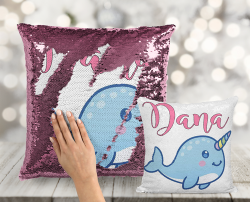 Narwhal Custom Sequin Pillow - INCLUDES CUSHION INSERT - Personalized Whale Mermaid Pillow