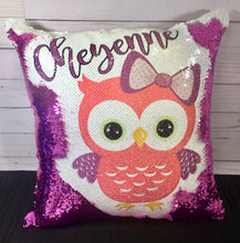 Pink Owl with Bow Custom Sequin Pillow INCLUDES INSERT CUSHION - Personalized Girls Owl Mermaid Pillow