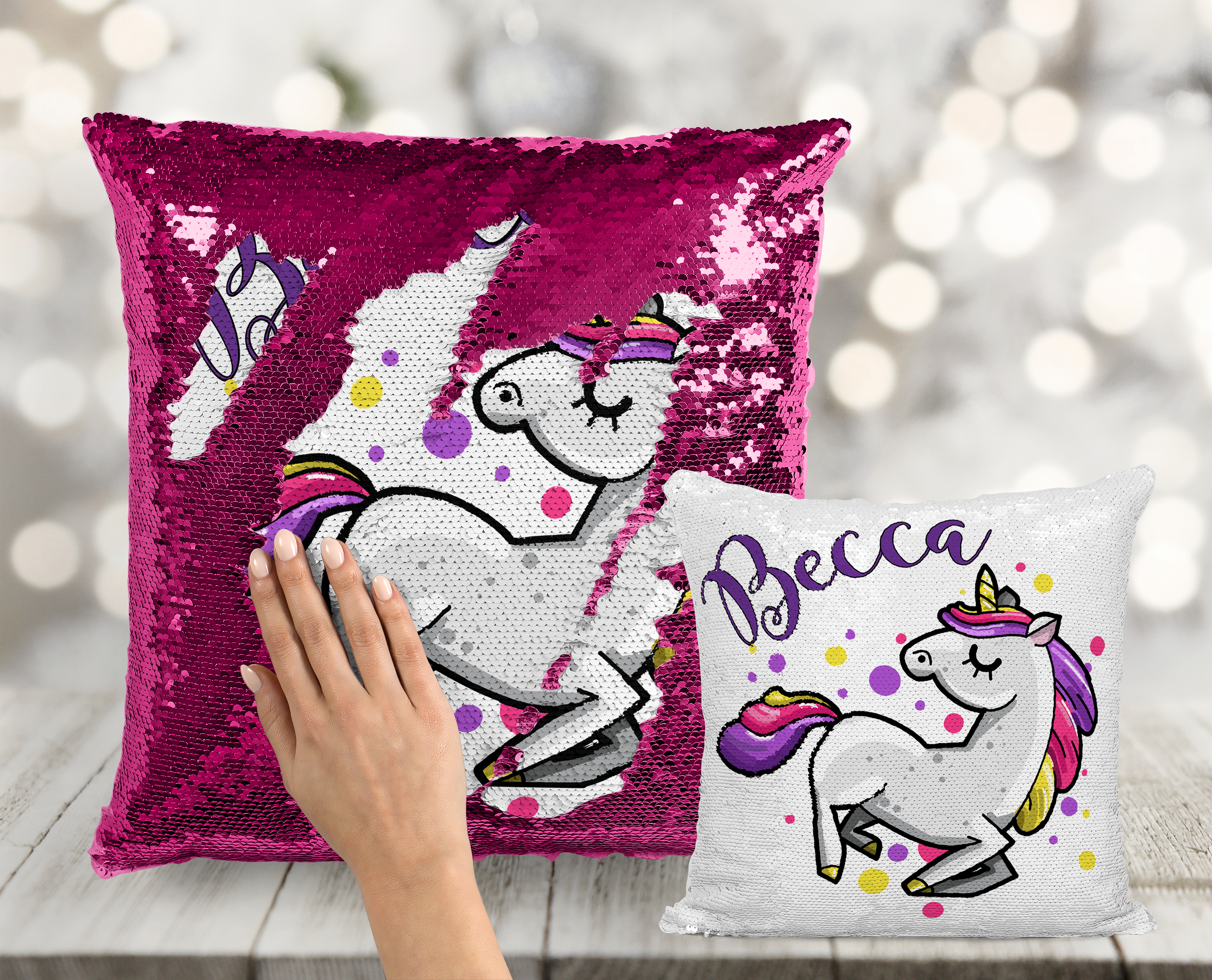 Unicorn Polka Dots Custom Sequin Pillow INCLUDES CUSHION INSERT Personalized Hot Pink Purple Mermaid Pillow