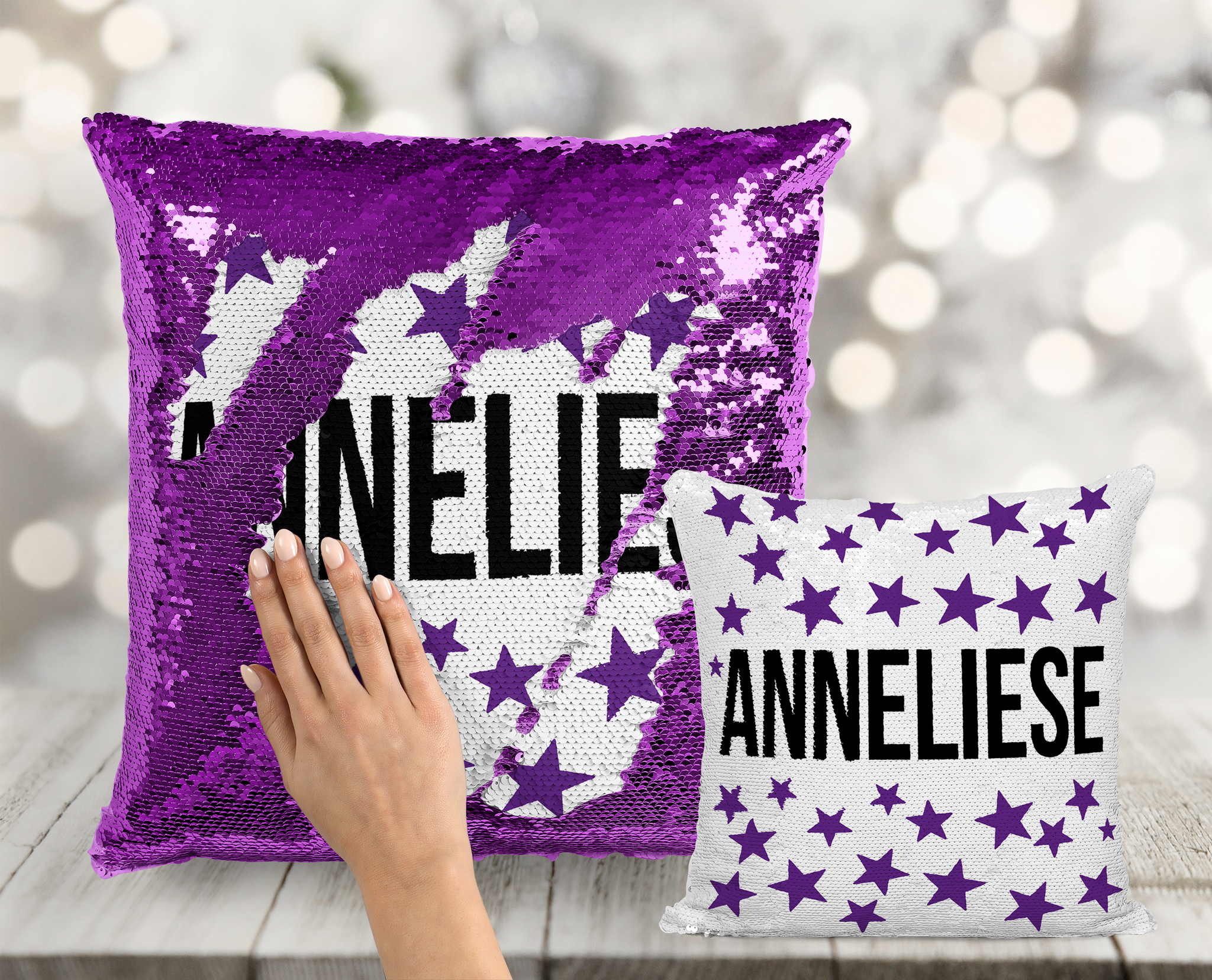 Personalized glitter shop pillow