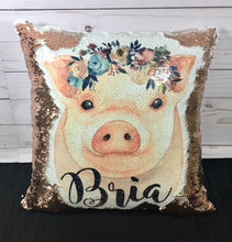 Watercolor Pig with Floral Crown Custom Sequin Pillow - INCLUDES CUSHION INSERT - Personalized Piglet Mermaid Pillow