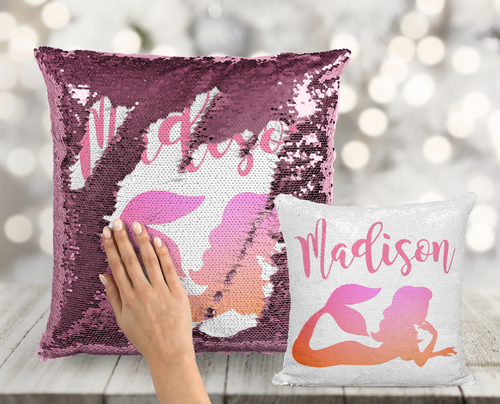 Pink & Orange Mermaid Custom Sequin Pillow