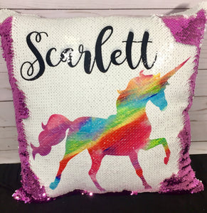 Rainbow Pattern Unicorn Custom Sequin Pillow- INCLUDES CUSHION INSERT - Personalized Cute Hot Pink Purple Mermaid Pillow