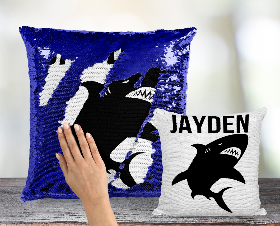 Shark Silhouette Personalized Sequin Pillow - INCLUDES CUSHION INSERT- Custom Mermaid Pillow