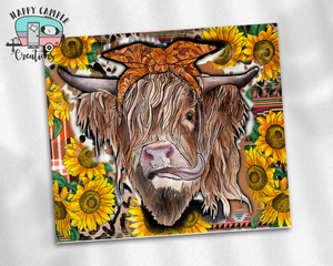 Sunflower Highland Cow Skinny Tumbler - Double Wall Steel Cup -Southern Souvenir Cup