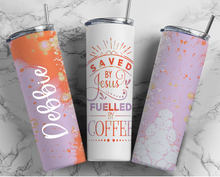 Saved By Jesus, Fueled 20oz or 30oz Skinny Tumbler - Purple and Orange Double Wall - NOT Epoxy