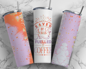Saved By Jesus, Fueled 20oz or 30oz Skinny Tumbler - Purple and Orange Double Wall - NOT Epoxy