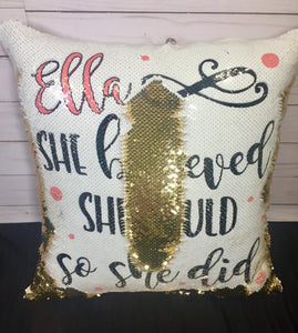 She Believed She Could So She Did Custom Sequin Pillow - INCLUDES INSERT CUSHION - Personalized Polka Dots Mermaid Pillow