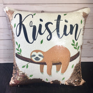 Sleeping Sloth Custom Sequin Pillow - INCLUDES INSERT CUSHION - Personalized Mermaid Pillow