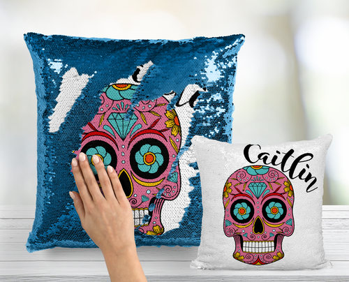 Pink Sugar Skull Personalized Sequin Pillow - INCLUDES INSERT CUSHION - Mermaid Pillow