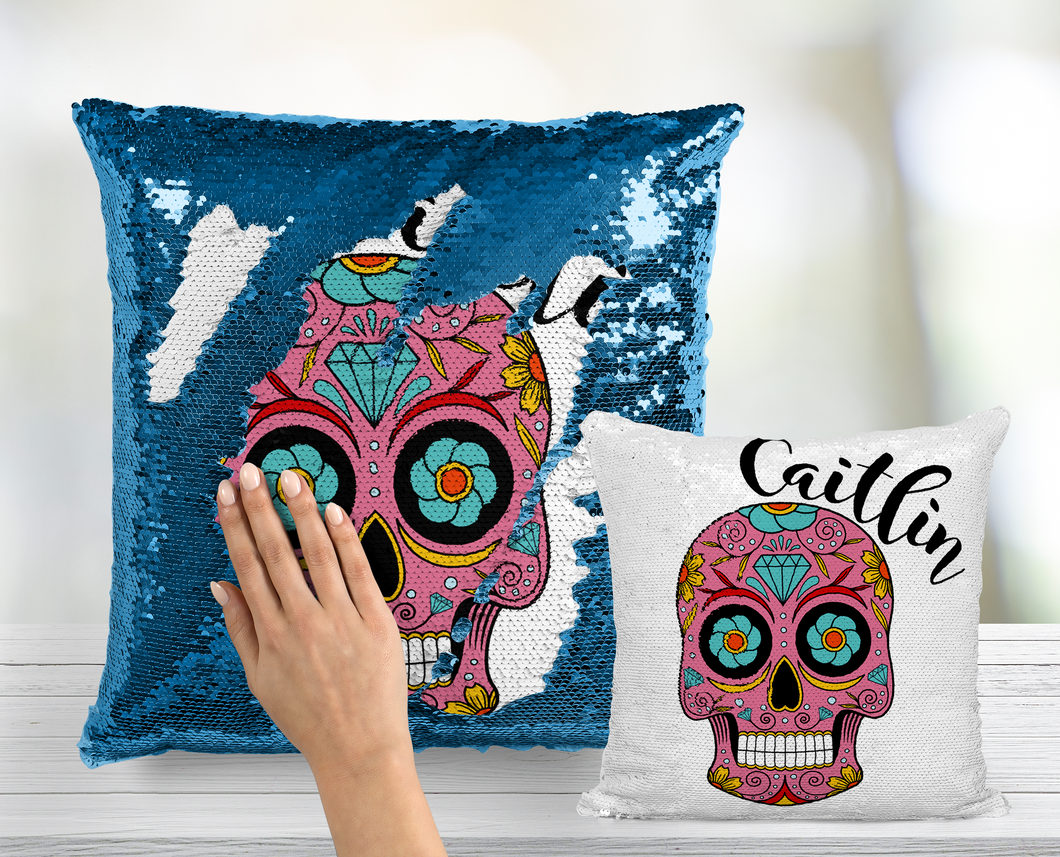 Pink Sugar Skull Personalized Sequin Pillow - INCLUDES INSERT CUSHION - Mermaid Pillow