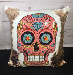 Pink Sugar Skull Personalized Sequin Pillow - INCLUDES INSERT CUSHION - Mermaid Pillow