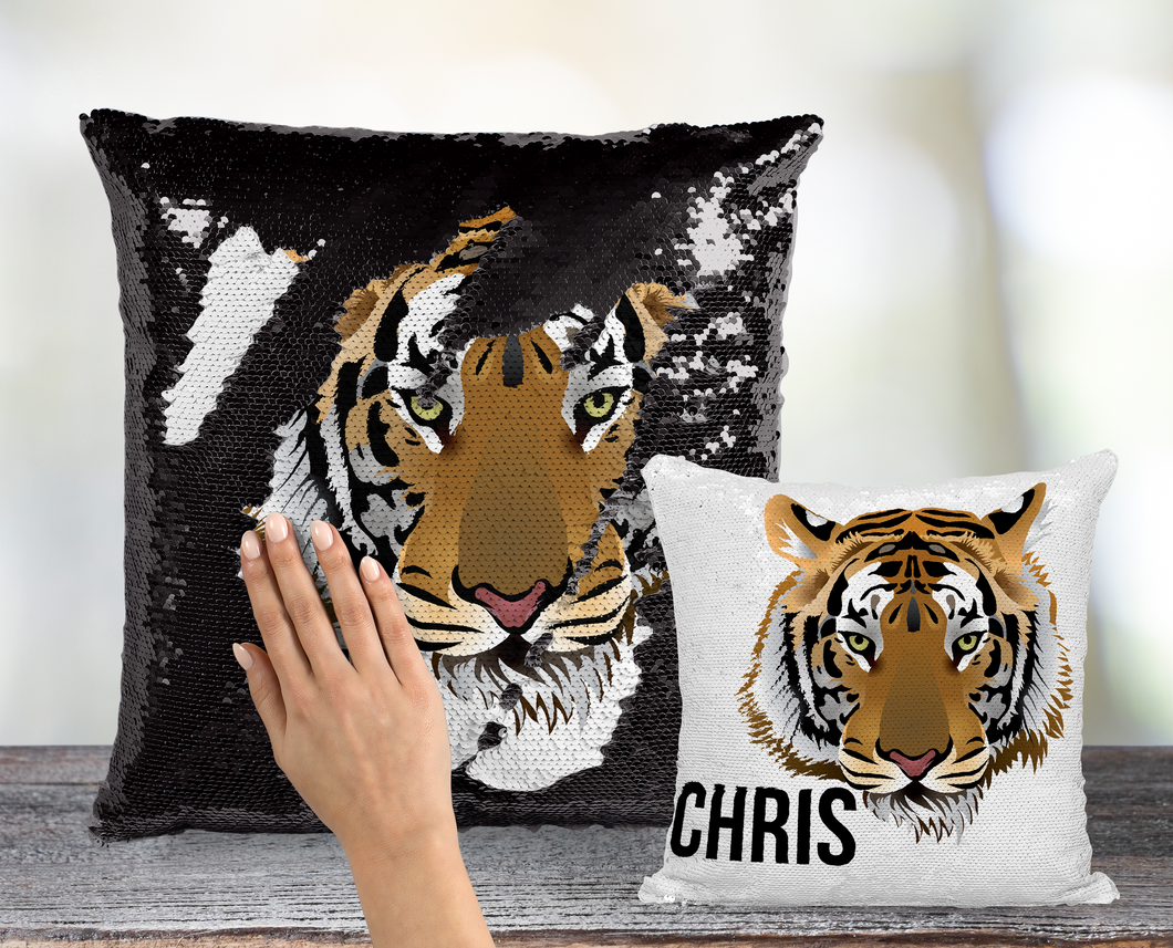 Siberian Tiger Sequin Pillow - INCLUDES CUSHION INSERT- Personalized Tiger Mermaid Pillow