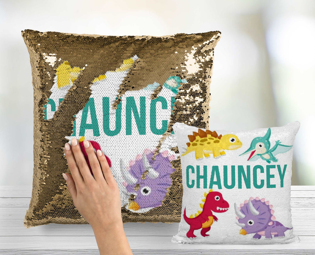 Baby Dino Custom Sequin Pillow - INCLUDES CUSHION INSERT - Personalized Mermaid Pillow