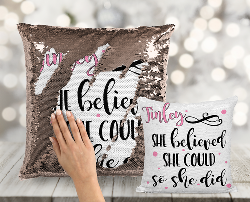 She Believed She Could So She Did Custom Sequin Pillow - INCLUDES INSERT CUSHION - Personalized Polka Dots Mermaid Pillow